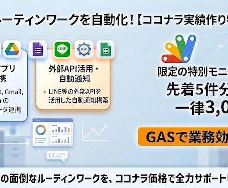 面倒な作業をGASで自動化・ツール開発します プログラミングの知識ゼロでもOK！丁寧なヒアリングで開発 イメージ1