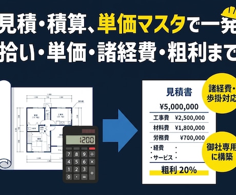 建設業の見積・積算を単価マスタで仕組み化します 拾い・単価・諸経費・粗利まで。自社の見積術をあなたの会社に。 イメージ1