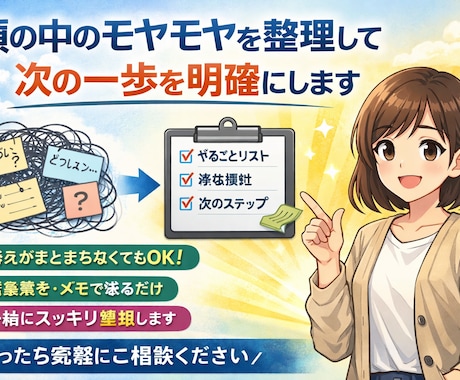 頭の中のモヤモヤを整理して、次の一歩を明確にします 考えを整理して、次の一歩を見つけます イメージ1