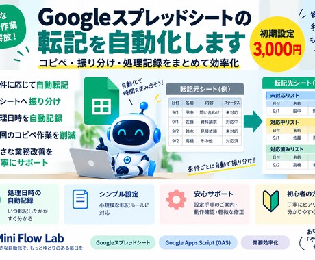 Googleスプレッドシートの転記を自動化します コピペ・振り分け・処理記録をまとめて自動化 イメージ2