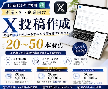 ChatGPT活用｜X投稿を20本、作成します 発信の継続をサポートするX投稿を作成します イメージ1