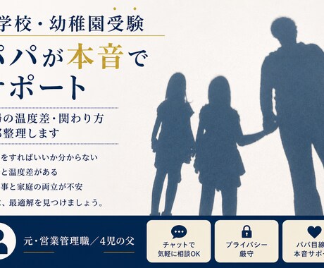 幼稚園•小学校受験の悩みをパパ目線で相談に乗ります 経験者として、受験家庭のリアルをパパ視点でアドバイスします イメージ1