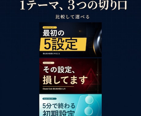 YouTubeサムネ、1テーマ3案で作成します 強調型・不安型・手順型の3案を並べて比較できます イメージ1
