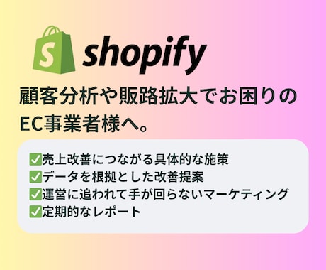 Shopifyマーケ支援｜売上改善相談のります データ分析で伸び悩むEC事業者を救いたい！顧客分析・販路拡大 イメージ1