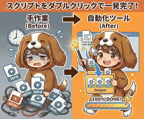 動画処理を自動化！FFmpegスクリプト作成します 大量動画の変換・結合・透かし入れをワンクリックで完結させます イメージ2