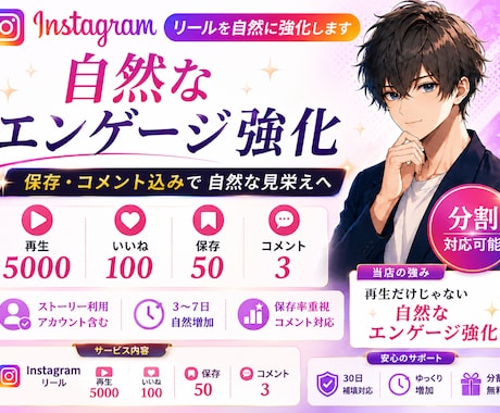 Instagram鍵垢アカウントよりいいね増加ます いいね100＋保存50＋再生5000＋コメント3分割対応 イメージ1