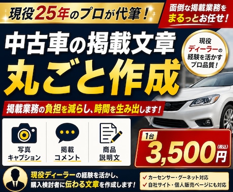 中古車の掲載文章をプロが丸ごと作成します 現役ディーラーが掲載業務の負担を減らします イメージ1