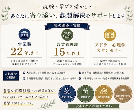 アドラー流で人間関係や仕事のお悩みをお聞きします 営業・管理職経験を活かして寄り添います イメージ2