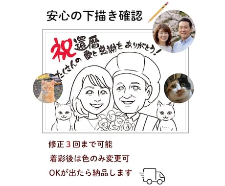 大人数も◎活き活きとしたお祝い似顔絵をお届けします 笑顔と会話のきっかけになる似顔絵♡あなたの想いを伝えます イメージ2