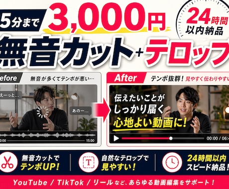 15分迄OK｜AIテロップ・無音カット代行します 最新AIで動画の「間」を詰め、読みやすい字幕を挿入します イメージ1