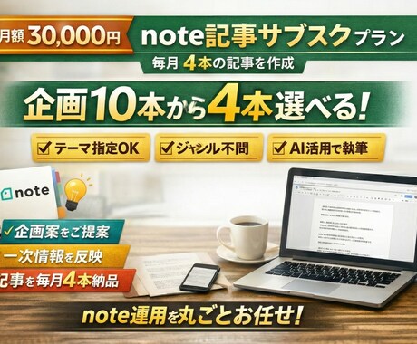 記事代行.note記事毎月4本/10案から選べます 企画が尽きない「月10本案」読まれる構成で、毎月4本を納品。 イメージ1