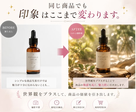商品の魅力を伝えるイメージを撮影不要で制作します 商品の写真はあるけれど、なんだか魅力が伝わらない… イメージ2
