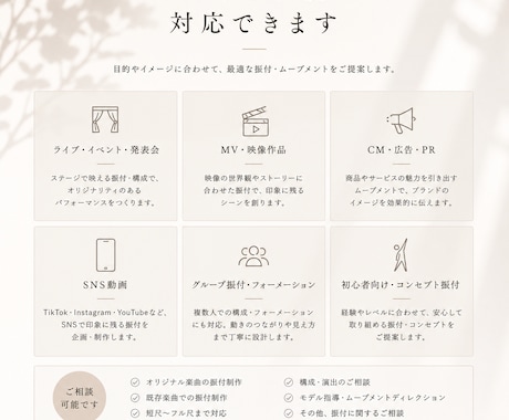 ご希望に合わせたオリジナル振付を制作します ライブ・MV・CM経験を活かし、目的に合う振付を制作します！ イメージ2