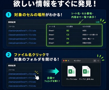 大量Excelから文字を一括検索するツール渡します あの文字どのファイルだっけ…を数秒で解決します イメージ2