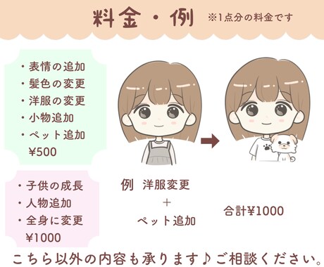 リピーター様イラスト手直し・表情追加など承ります 服装・表情を変えたい、ペットを追加などイラストをアップデート イメージ2
