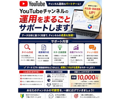 YouTubeチャンネルの運用を継続サポートします 一人で悩まず、伸ばすためのパートナーとして伴走します イメージ1