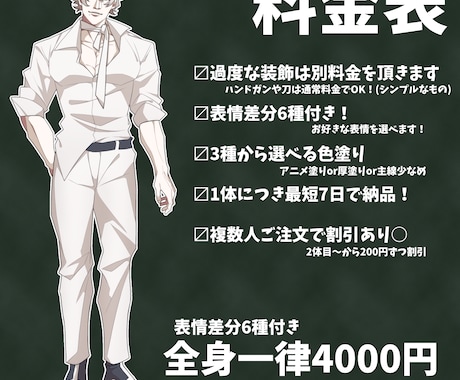 男性キャラクターの【立ち絵+差分6種】お描きします 男性キャラ立ち絵を商用利用可で！TRPG/ゲーム/立ち絵作成 イメージ2