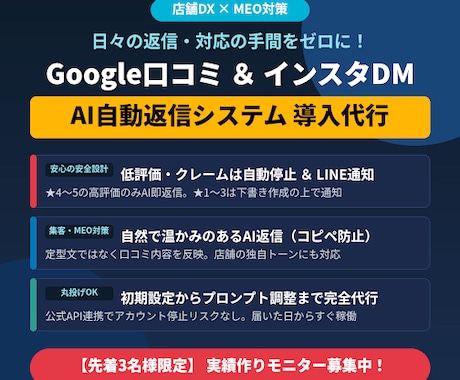 口コミやインスタDMのAI自動返信を導入します 店舗の集客・MEOを完全自動化！返信の手間をゼロにします イメージ1