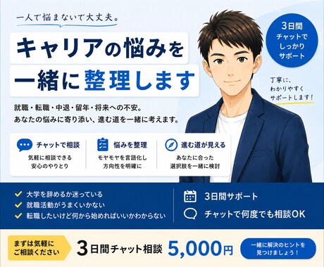 キャリア相談　進路の悩みを一緒に整理します 就職・転職・中退・留年・将来への不安。一緒に整理しましょう。 イメージ1