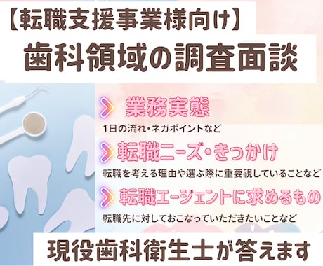歯科領域の転職ニーズに歯科衛生士がお答えします 【転職支援事業様向け】歯科医院/歯医者の実態調査に対応 イメージ1