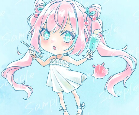 ゆるっと水彩風のSDキャラ・ミニキャラます 水彩風の滲みや画用紙の