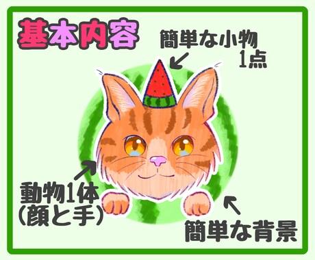 頭に小物を乗せたかわいい動物のアイコンを描きます アップの顔にカラフルな目が映える！明るくかわいく仕上げます。 イメージ2