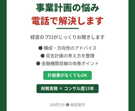 電話相談：事業計画書お悩みプロが電話でお答えします 通る計画書と通らない計画書の違い15年の経験からお伝えします イメージ1