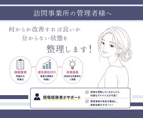 訪問看護のお悩みを整理します 医療・介護｜忙しい管理者さまのための伴走型サポートです。 イメージ1