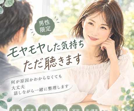 男性のモヤモヤした気持ちを、ただ聴きます 何が原因かわからなくても大丈夫。話しながら一緒に整理します イメージ1