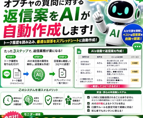 オプチャの質問に対する返信案をAIが自動作成します トーク履歴を読み込みAIが返信案をスプレッドシートに自動作成 イメージ1