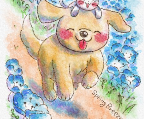 ペットの似顔絵｜犬や猫、好きな動物イラスト描きます ​「お花」と「うちの子」の物語を水彩風に描く、温かいイラスト イメージ2