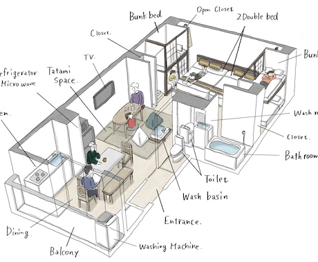 手書きで温かみのある俯瞰図作成します ホテルやお店、オフィスの内装のイメージに イメージ1