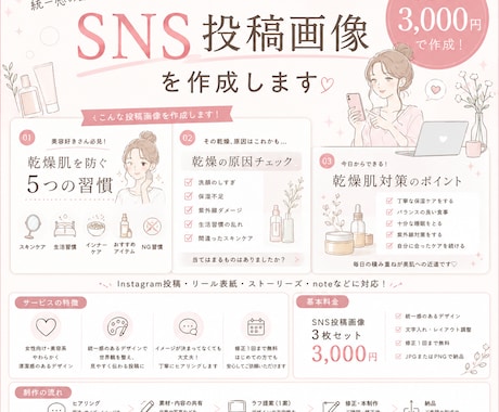 女性・美容系のSNS画像を作成します 見やすく伝わる、かわいい投稿画像に仕上げます イメージ1