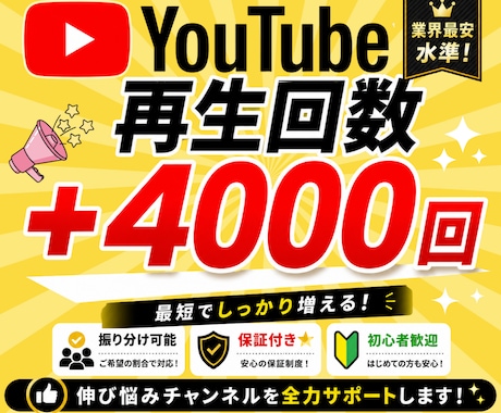 高品質YouTube再生回数4000回～増やします 再生回数/ショート動画も可能/振り分け可能/30日間保証付き イメージ1