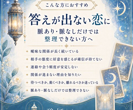曖昧な関係の相手の本音と停滞理由を占います 言葉にならない態度を整理し、関係を進める0.5歩まで読みます イメージ2