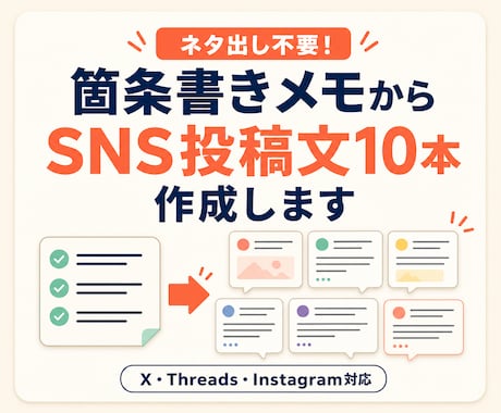 箇条書きメモからSNS投稿文10本を作ります ネタ出し不要！あなたの言葉を10日分の投稿にします イメージ1