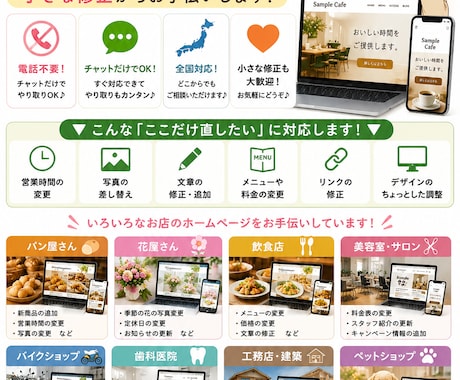 ホームページの「ここだけ直したい」をお手伝いします 「ここだけ直したい！」そんなご相談を大切にしています。 イメージ1