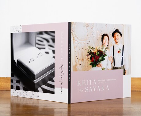 前撮りや結婚式写真で2面/3面の記念台紙作ります 4色展開のくすみカラーがおしゃれで透明感を感じるデザイン イメージ1