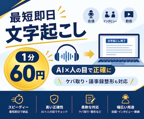 1分60円！最短即日で文字起こしします AI×人の目でスピード納品。ケバ取り・議事録整形も対応 イメージ1