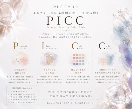 写真と設問回答であなたの本質や魅力まで言語化します 【ライトver.】おとなし独自理論のカラー診断｜PICC診断 イメージ2