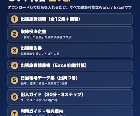 ひとり社長の出張旅費規程テンプレ一式渡します 日当の“否認されないライン”データ付き7点セット イメージ2