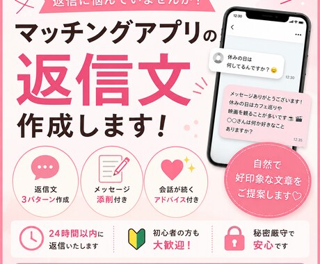 マッチングアプリの返信文を作成します 返信に悩む方へ。自然で送りやすい文章をご提案します イメージ1
