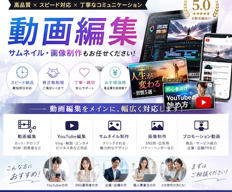 YouTube・サムネイル・画像制作まで対応します あなたの「伝えたい」を、見られる・伝わるコンテンツへ。 イメージ1