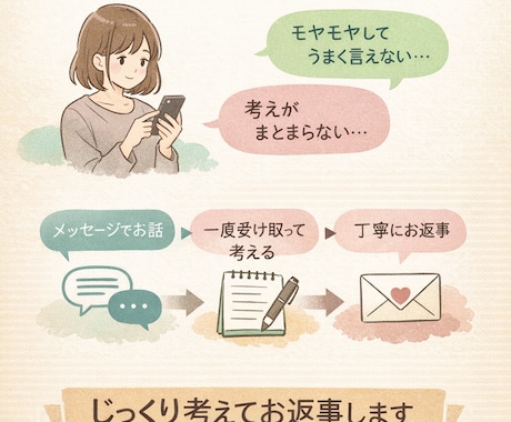 言葉にできない悩みや考えをテキストで整理します 即答せず、考えて丁寧にお返しします イメージ1