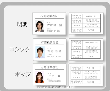 古物商「行商従業者証」プラスチックカード作成します 顔写真の背景削除、送料も含めた価格です イメージ1