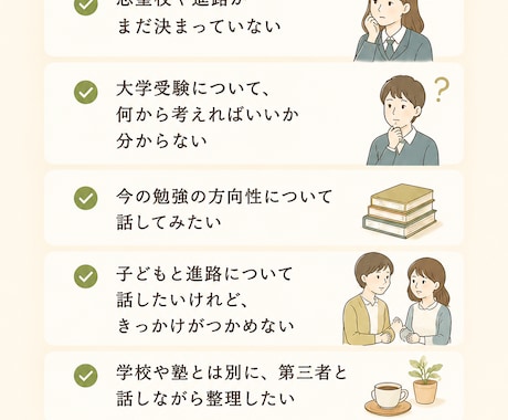 大学受験の進路や学習について一緒に整理します 中高校生・保護者様向け。アドバイザーがサポートします イメージ2