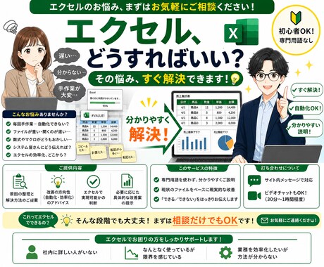 エクセルの悩みを分かりやすく解決します 自動化・動作が遅い・マクロが壊れたなどお気軽にご連絡ください イメージ1