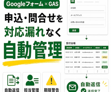 申込・問い合わせ対応をGASで自動管理します フォーム回答・担当・対応漏れを自動で整理 イメージ1