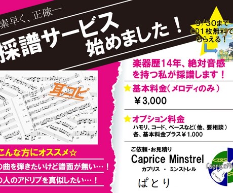 耳コピ【採譜】どんな曲でも素早く正確に楽譜化します 楽器歴14年、絶対音感を持つ私が採譜します！ イメージ1