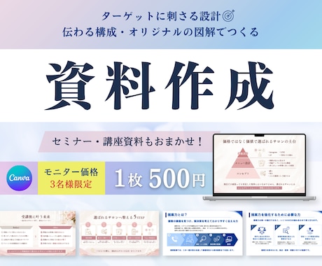 図解もおまかせ！スライド資料を構成から作成します 情報を整理し、伝わる形へ。ターゲットに合わせた資料作成を。 イメージ1